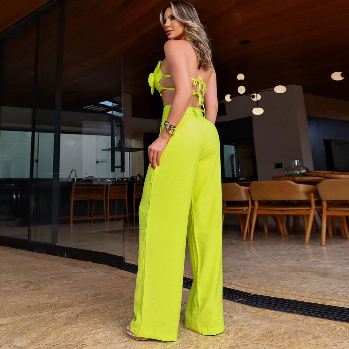 Halter Neck Backless Two Piece Set with Wide Leg Pants view 4