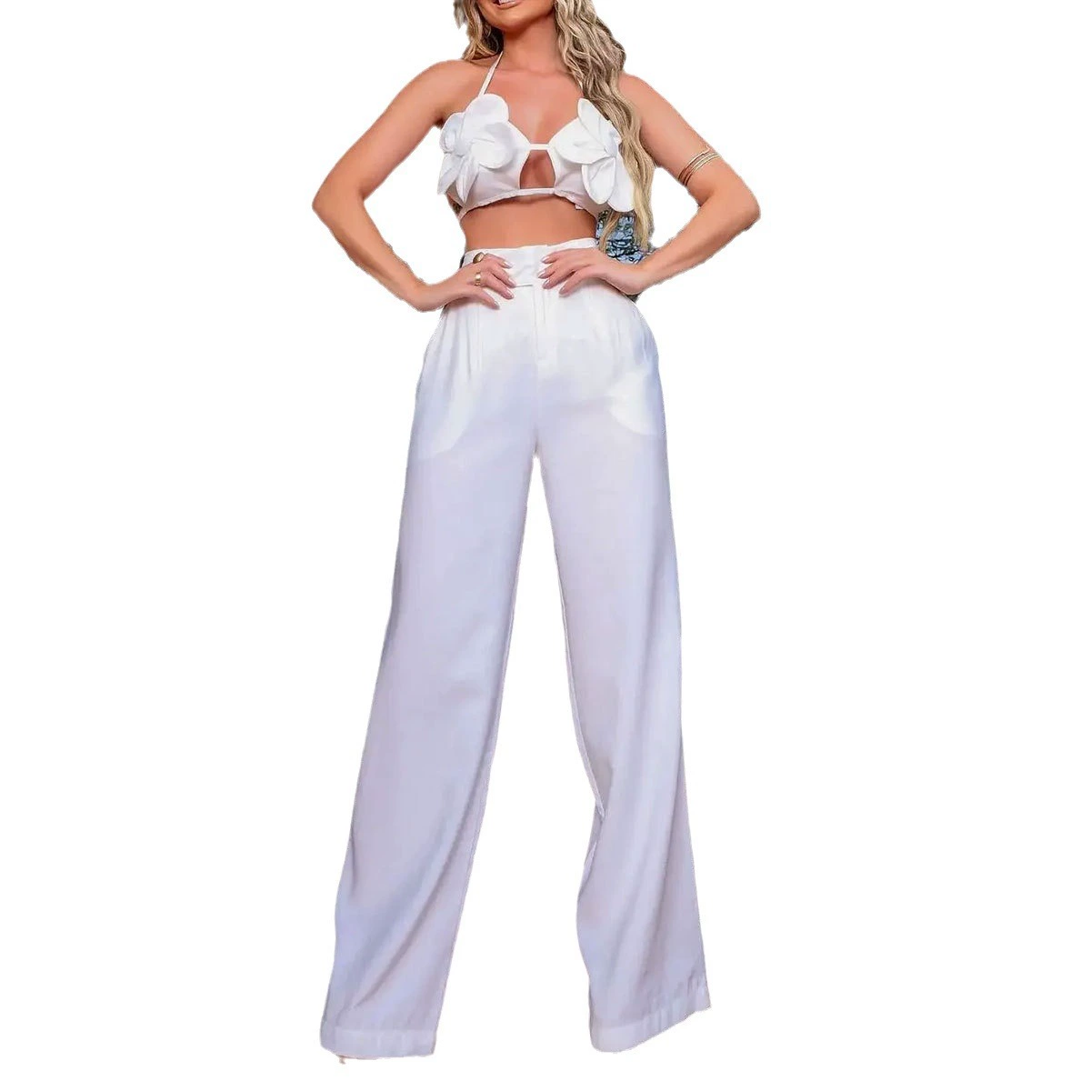 Halter Neck Backless Two Piece Set with Wide Leg Pants view 5