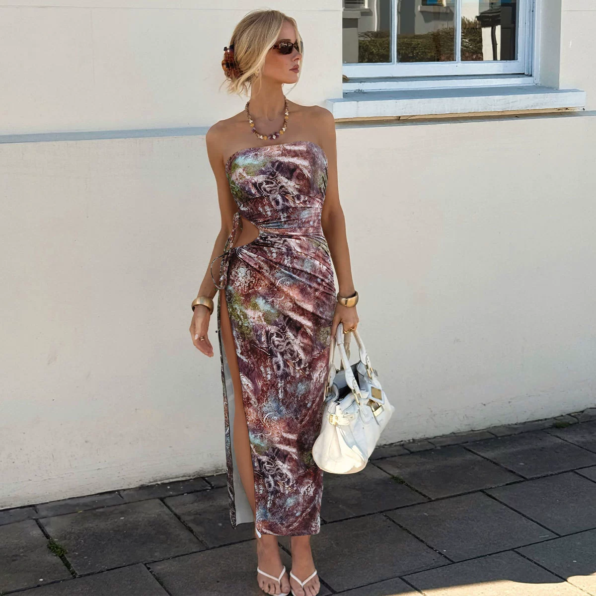 Strapless Cutout Maxi Dress with High Slit