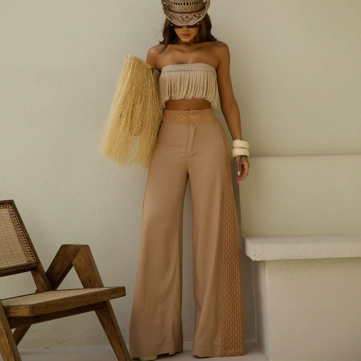 Strapless Fringe Crop Top and Wide-Leg Pants Two-Piece Set