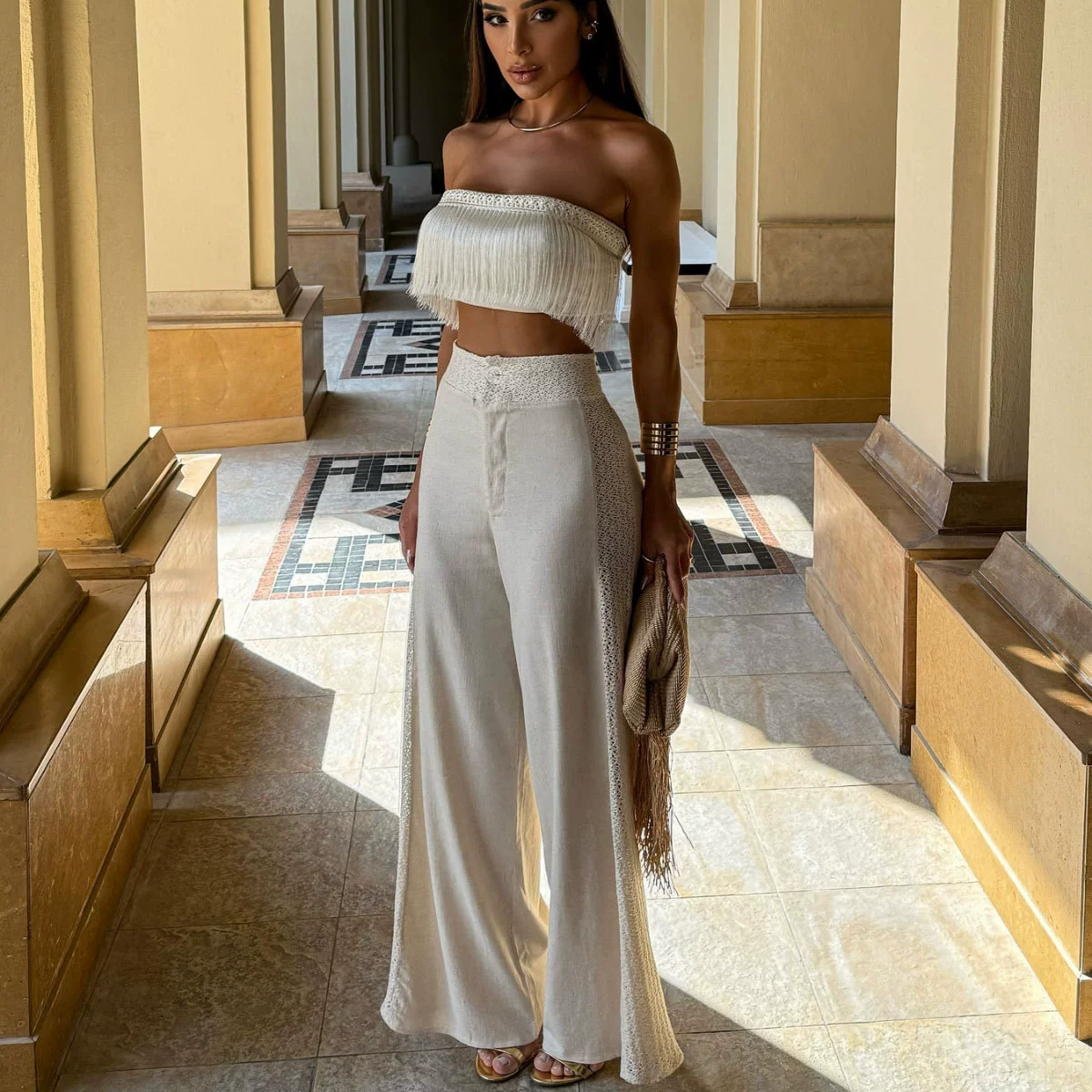 Strapless Fringe Crop Top and Wide-Leg Pants Two-Piece Set