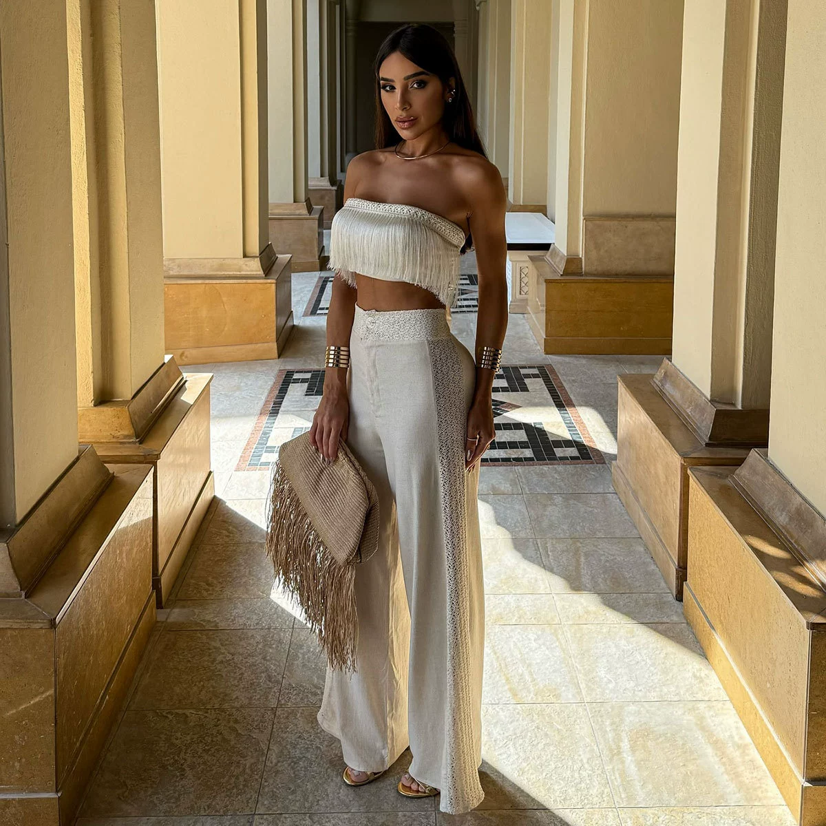 Strapless Fringe Crop Top and Wide-Leg Pants Two-Piece Set view 3