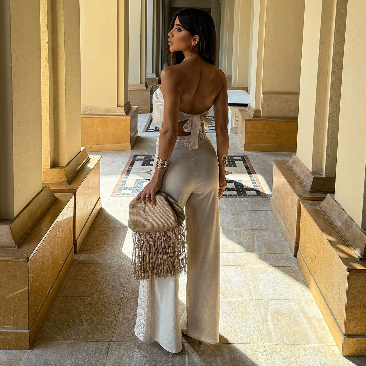 Strapless Fringe Crop Top and Wide-Leg Pants Two-Piece Set view 4