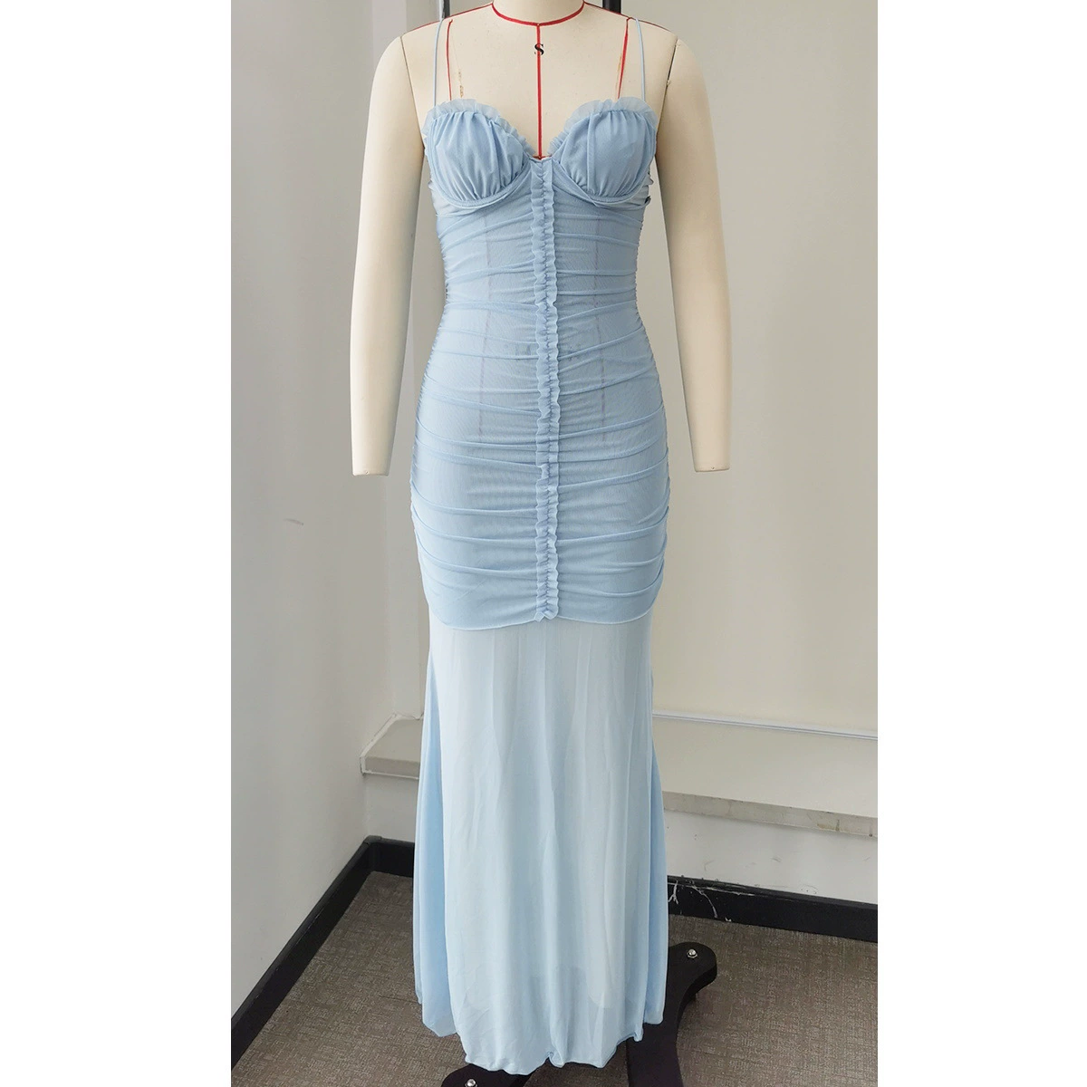Spaghetti Strap Ruched Sweetheart Maxi Dress with Lace-Up Back view 3