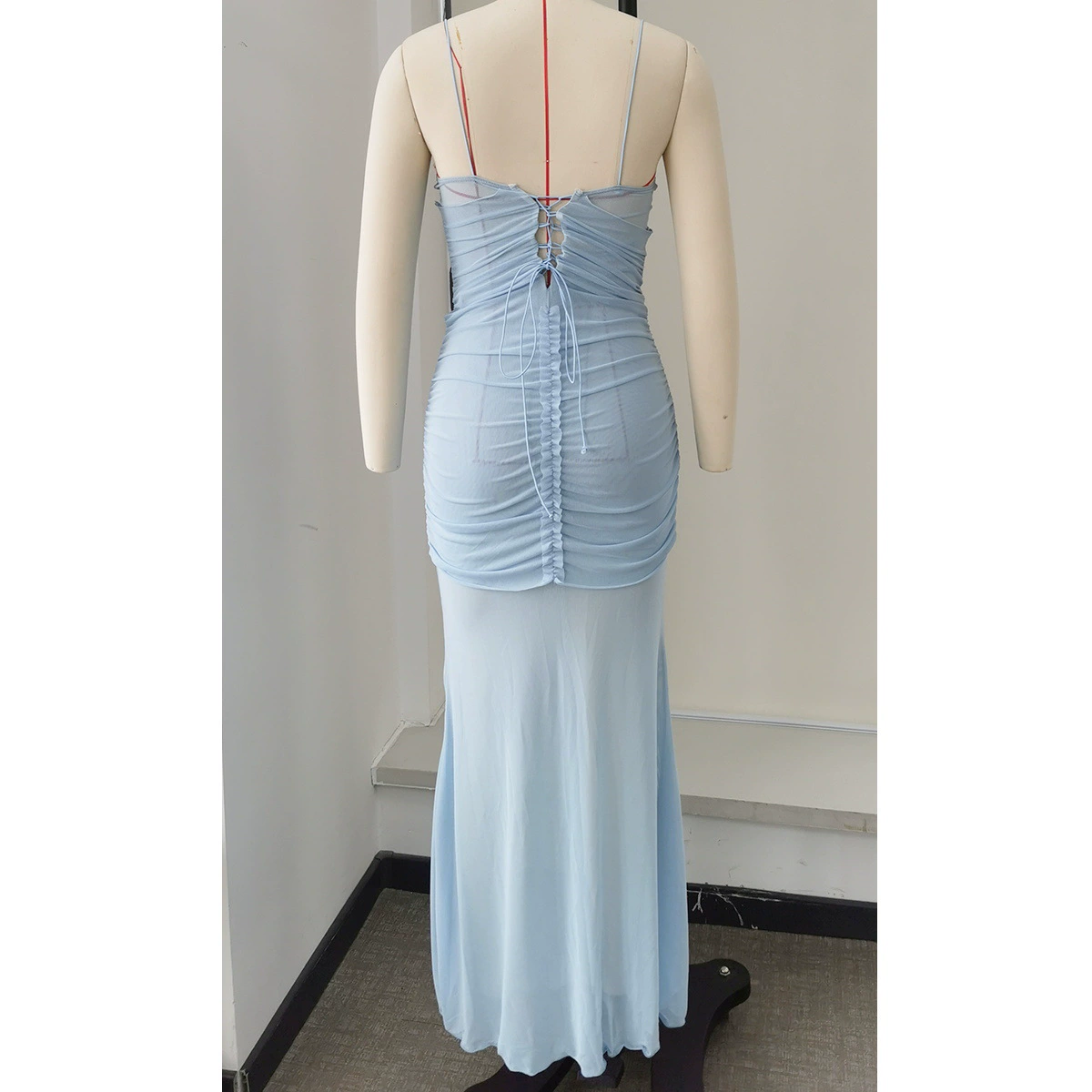 Spaghetti Strap Ruched Sweetheart Maxi Dress with Lace-Up Back view 4