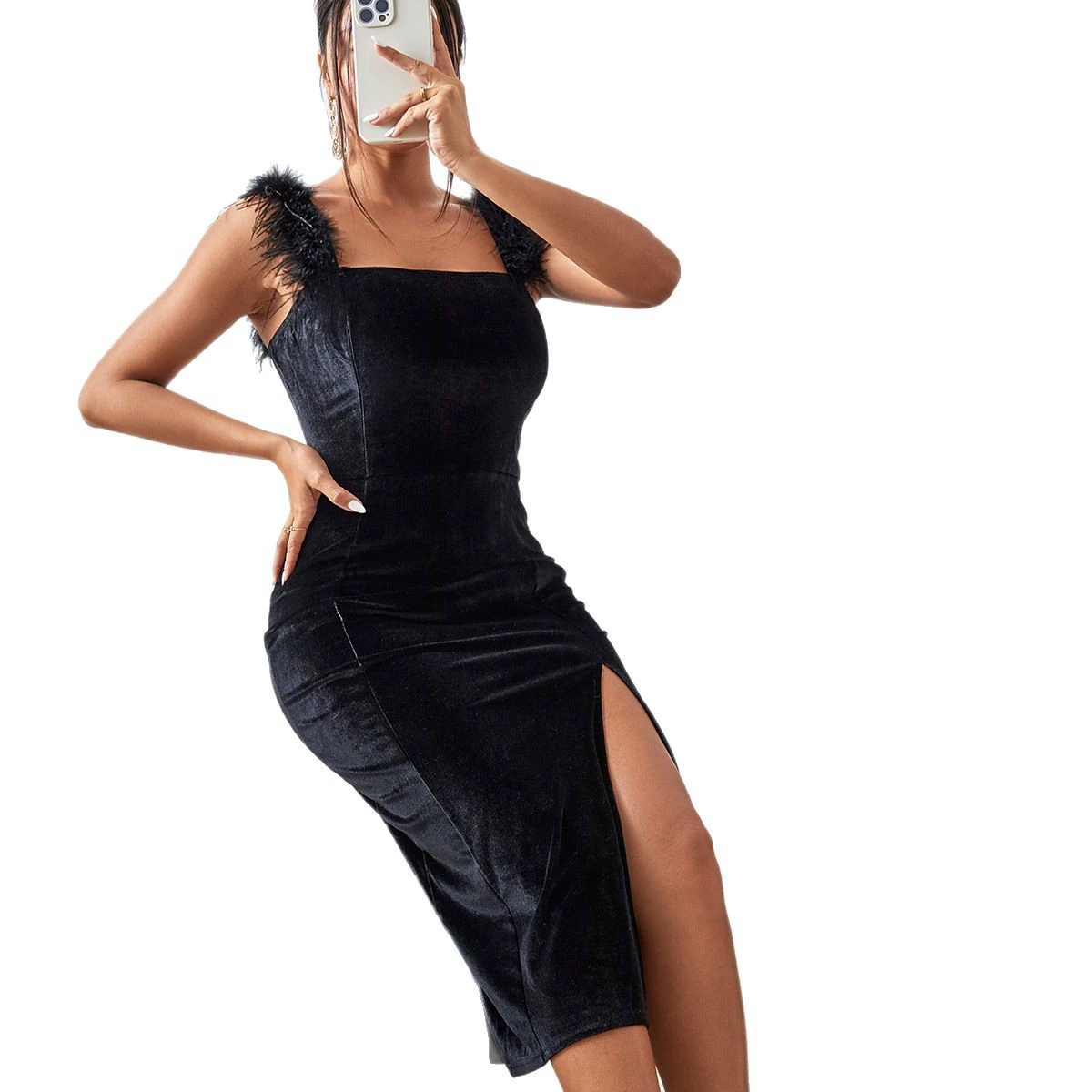 Square Neck Feather Strap Midi Dress view 5