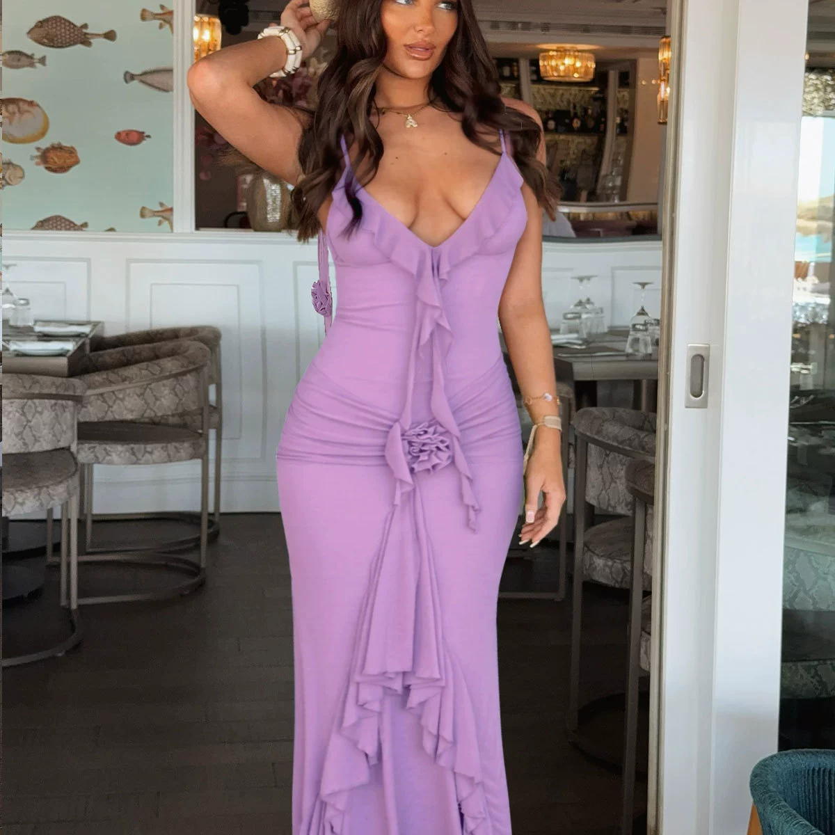 Sleeveless V-Neck Ruffle Maxi Dress with Slit