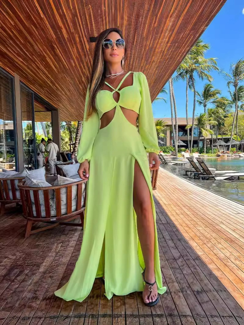 Long Sleeve Cutout Maxi Dress with High Slit