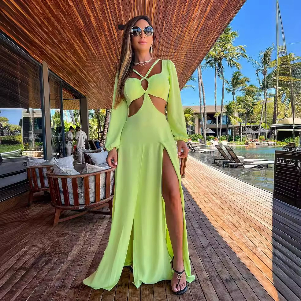Long Sleeve Cutout Maxi Dress with High Slit view 6