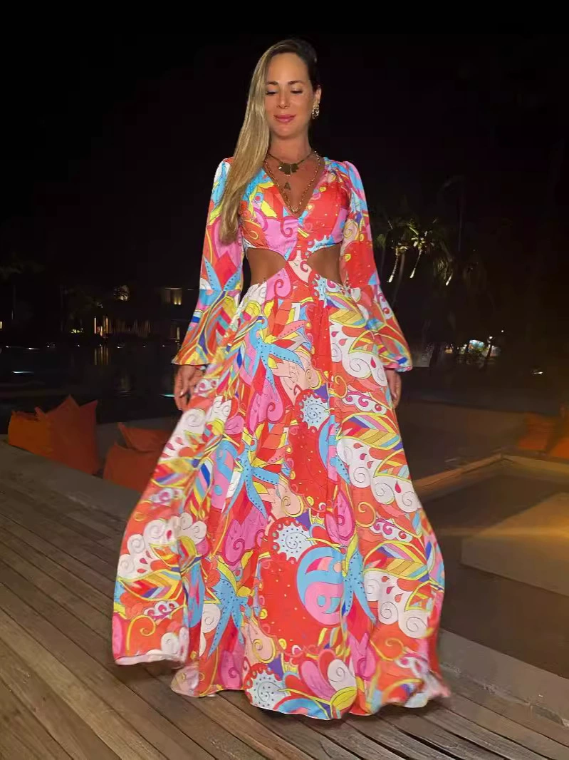 Long Sleeve V-Neck Cutout Backless Maxi Dress