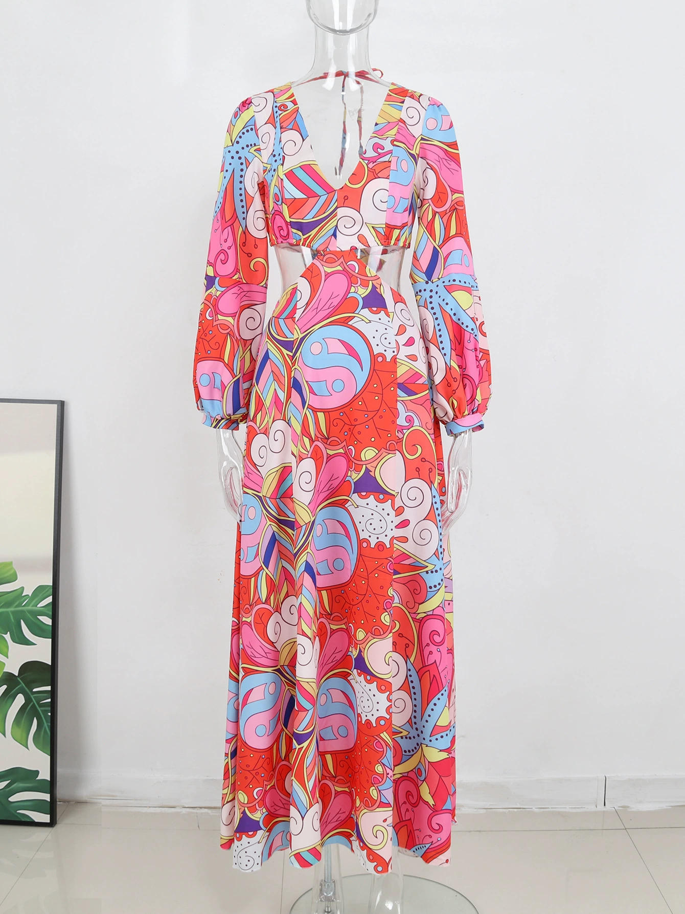 Long Sleeve V-Neck Cutout Backless Maxi Dress
