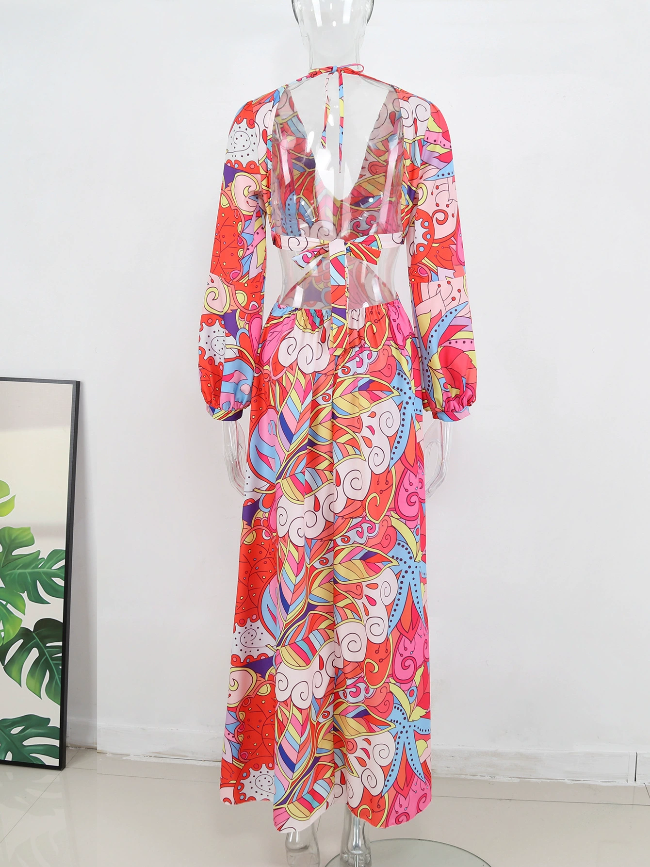 Long Sleeve V-Neck Cutout Backless Maxi Dress view 3