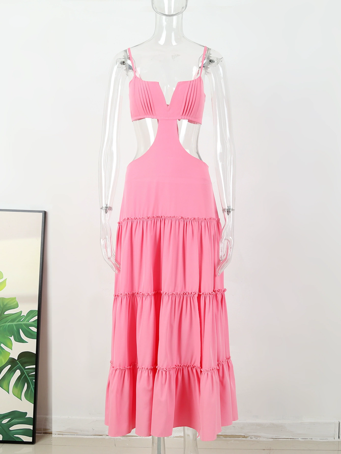 Spaghetti Strap Cutout Tiered Maxi Dress with Tie Back