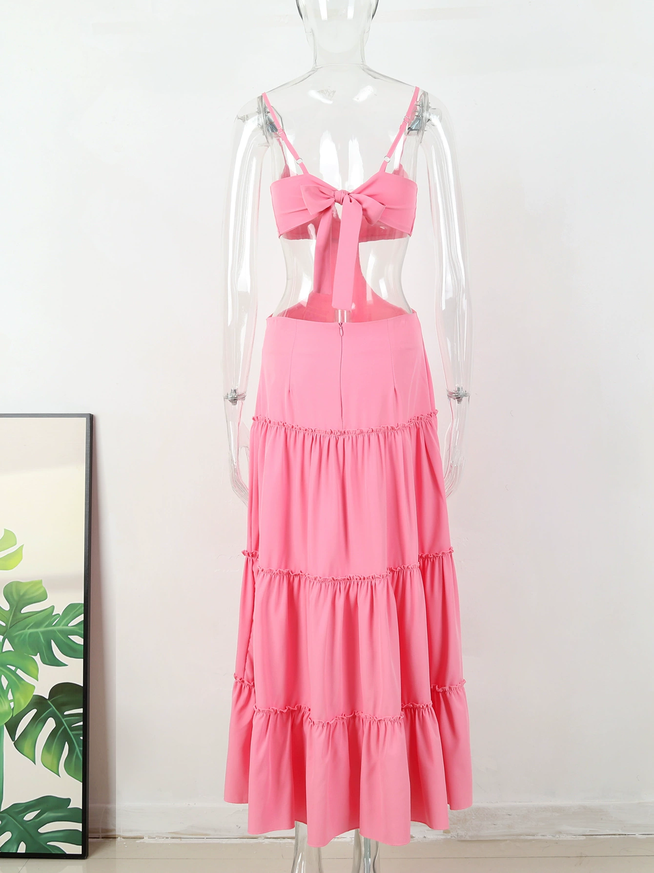 Spaghetti Strap Cutout Tiered Maxi Dress with Tie Back view 3