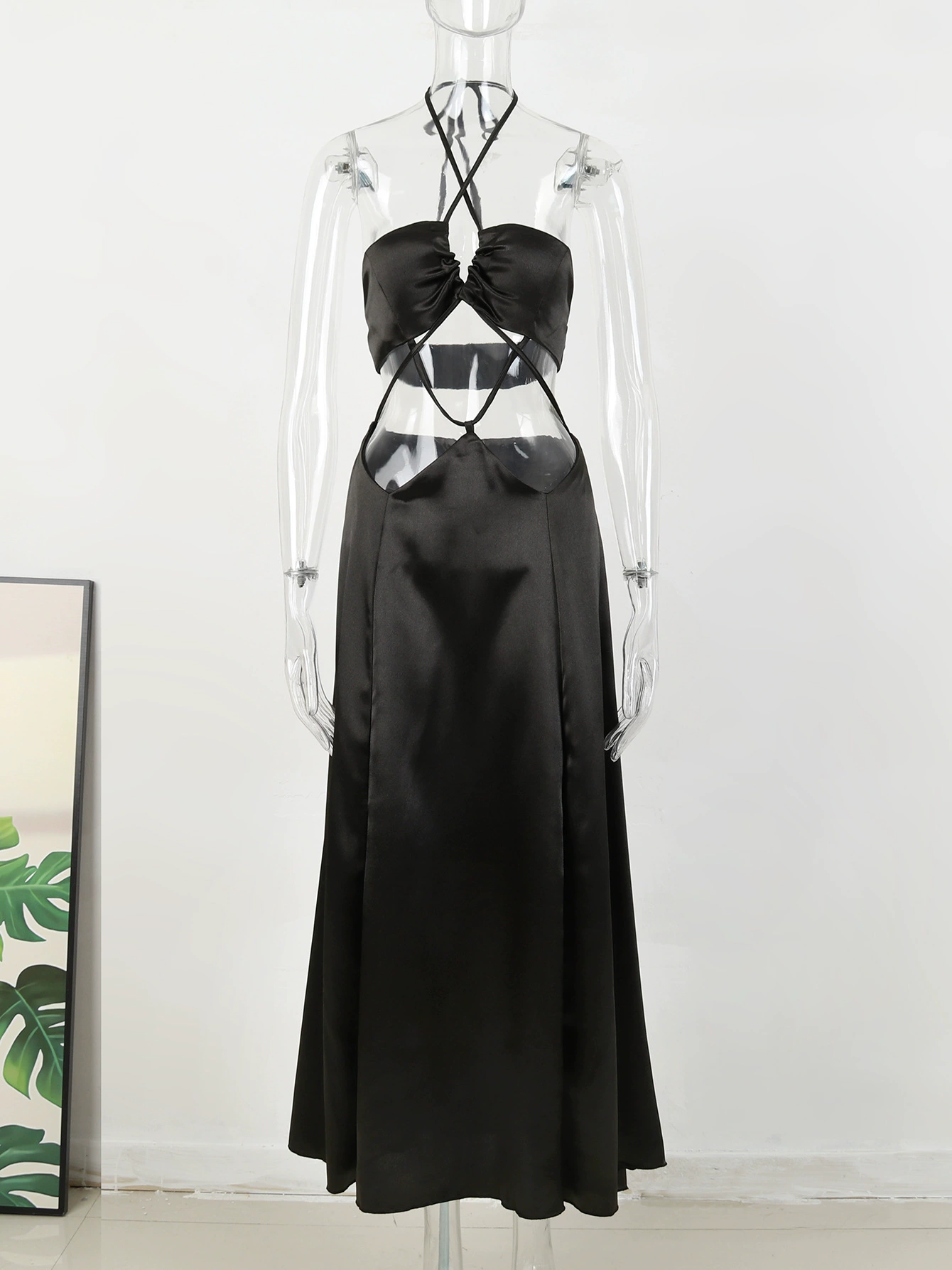 Halter Neck Cutout Maxi Dress with Crisscross Straps view 3