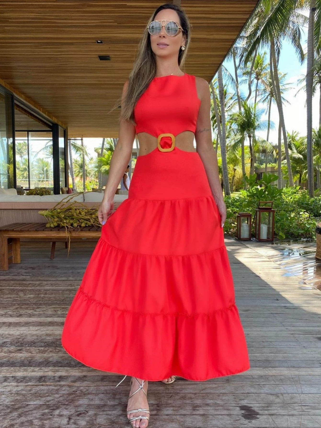 Round Neck Sleeveless Cutout Waist Tiered Maxi Dress