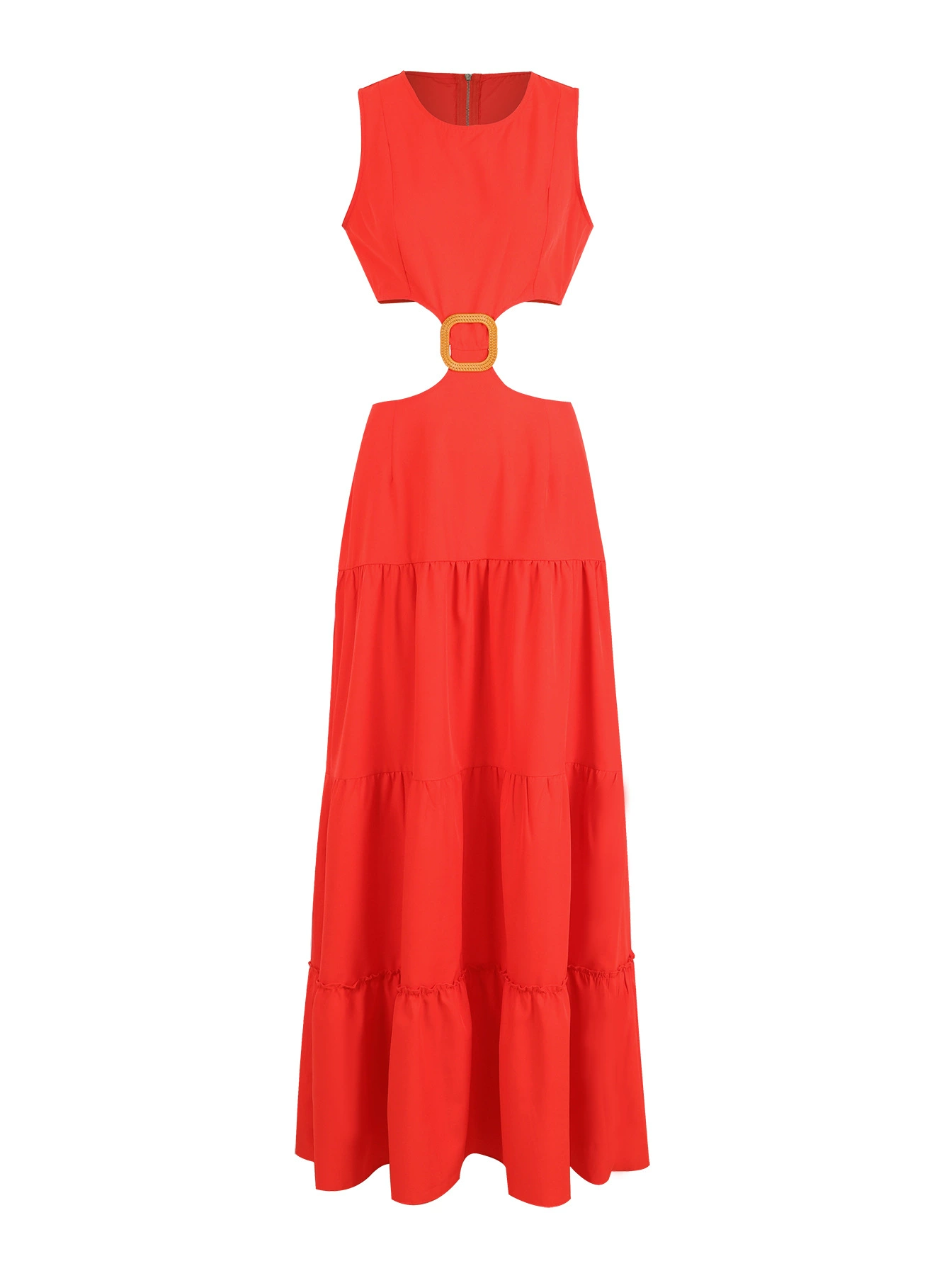 Round Neck Sleeveless Cutout Waist Tiered Maxi Dress view 3