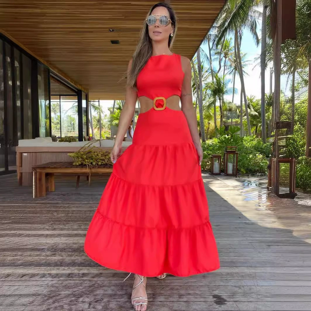 Round Neck Sleeveless Cutout Waist Tiered Maxi Dress view 6