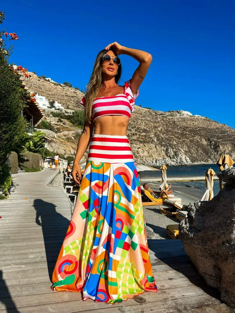 Two-Piece Skirt Set with Off-Shoulder Ruffle Top and Maxi Skirt