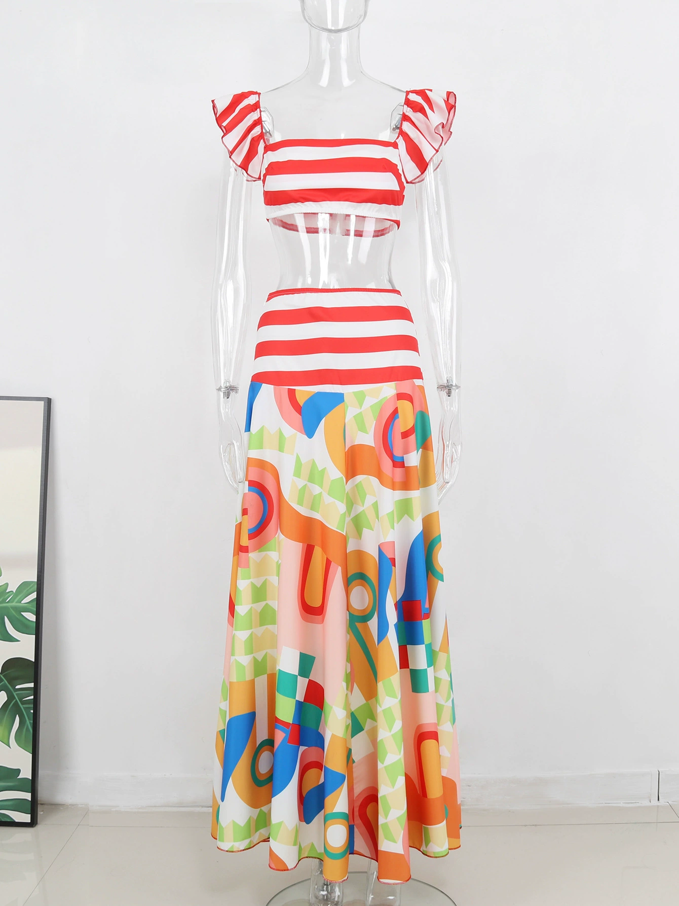 Two-Piece Skirt Set with Off-Shoulder Ruffle Top and Maxi Skirt