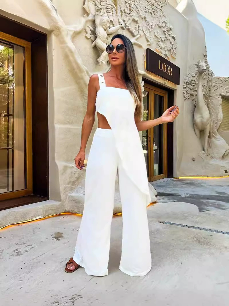 Asymmetrical Cutout Wide Leg Jumpsuit with Buckle Straps