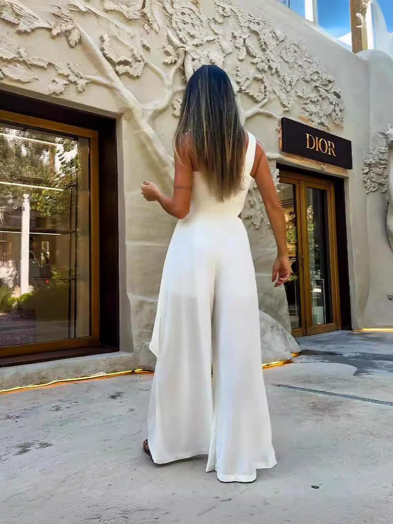 Asymmetrical Cutout Wide Leg Jumpsuit with Buckle Straps