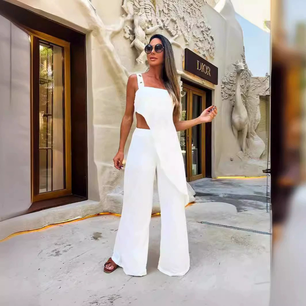 Asymmetrical Cutout Wide Leg Jumpsuit with Buckle Straps view 6