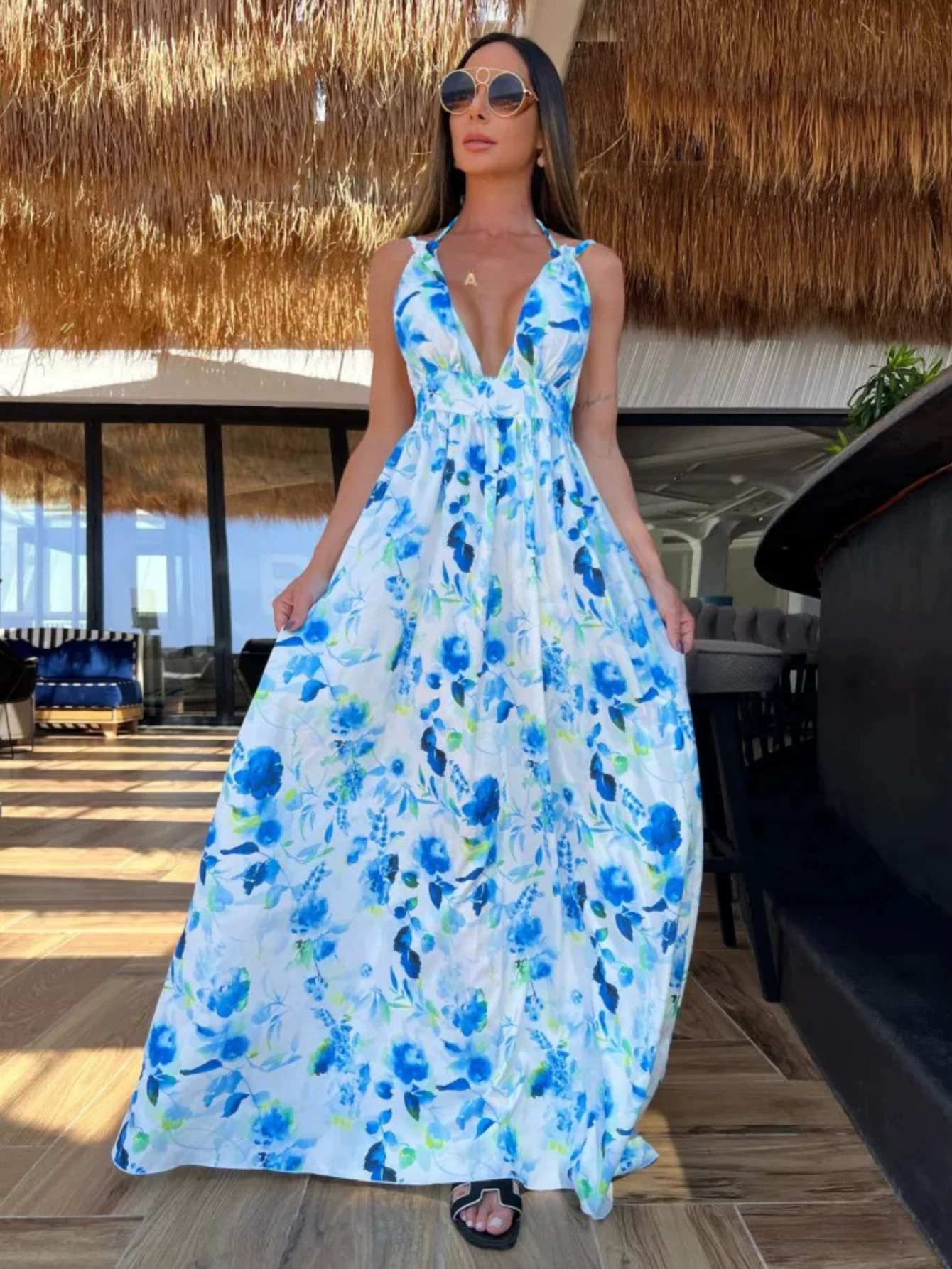 Sleeveless Deep V-Neck Backless Maxi Dress