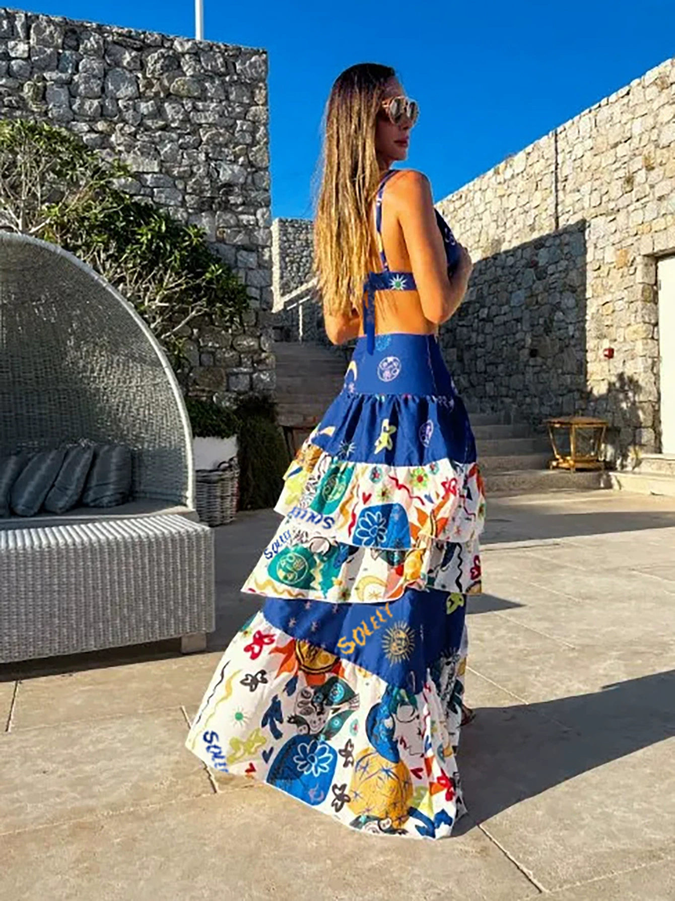Two-Piece Deep V-Neck Crop Top and Tiered Maxi Skirt Set