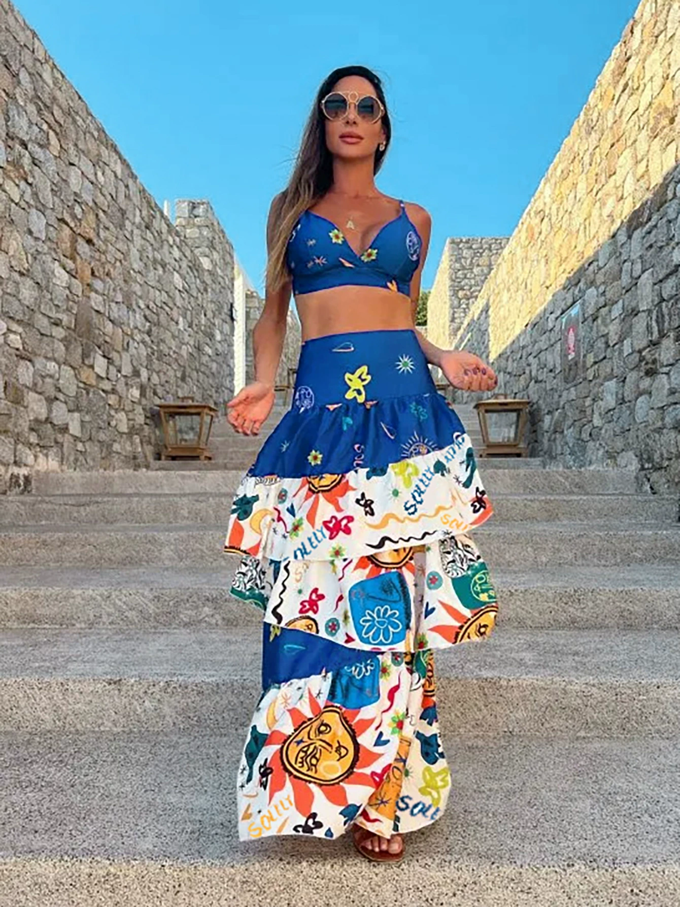 Two-Piece Deep V-Neck Crop Top and Tiered Maxi Skirt Set view 3