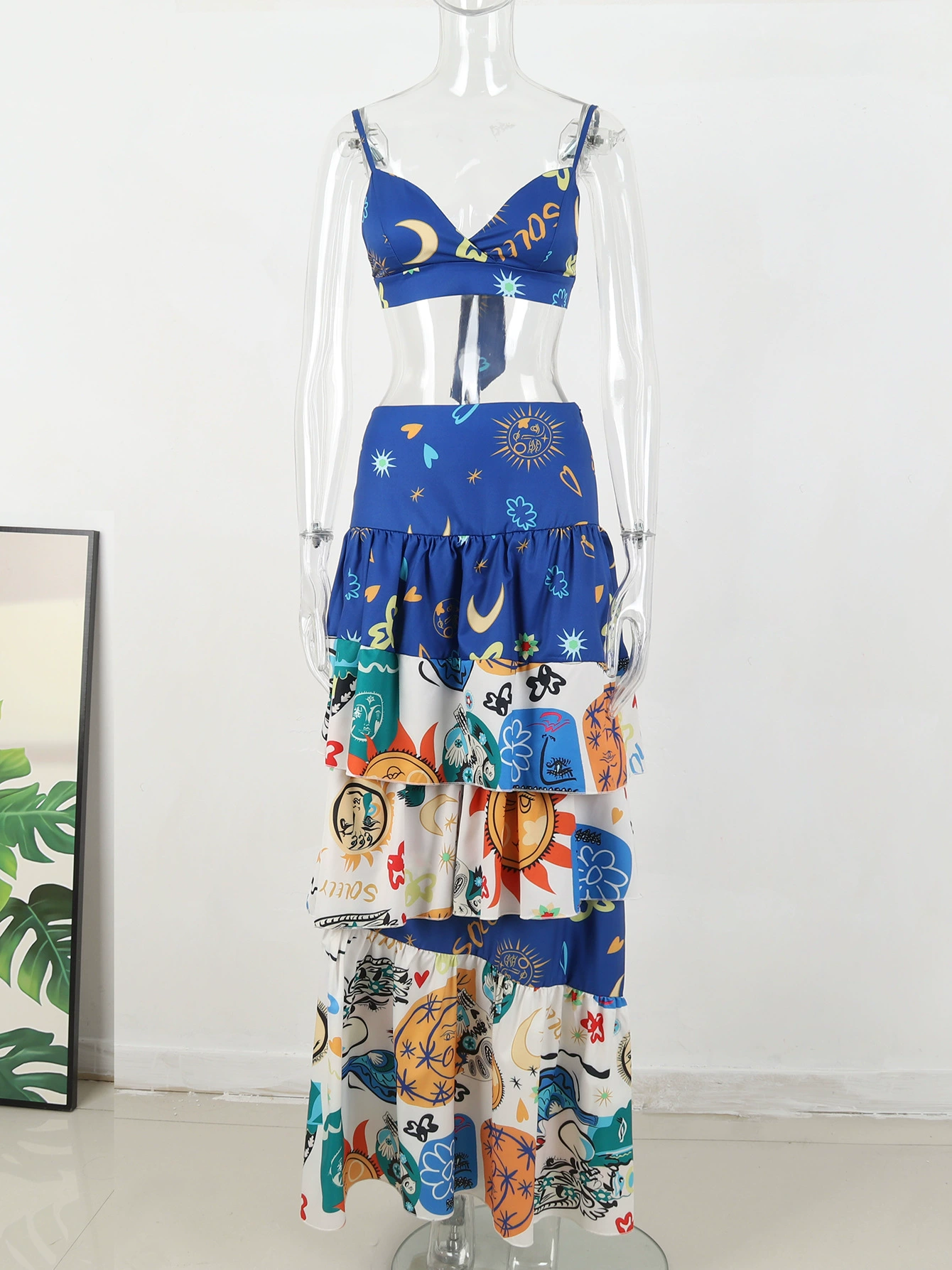 Two-Piece Deep V-Neck Crop Top and Tiered Maxi Skirt Set view 4