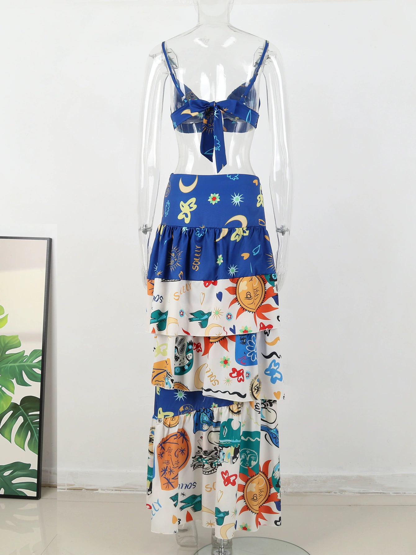 Two-Piece Deep V-Neck Crop Top and Tiered Maxi Skirt Set view 5