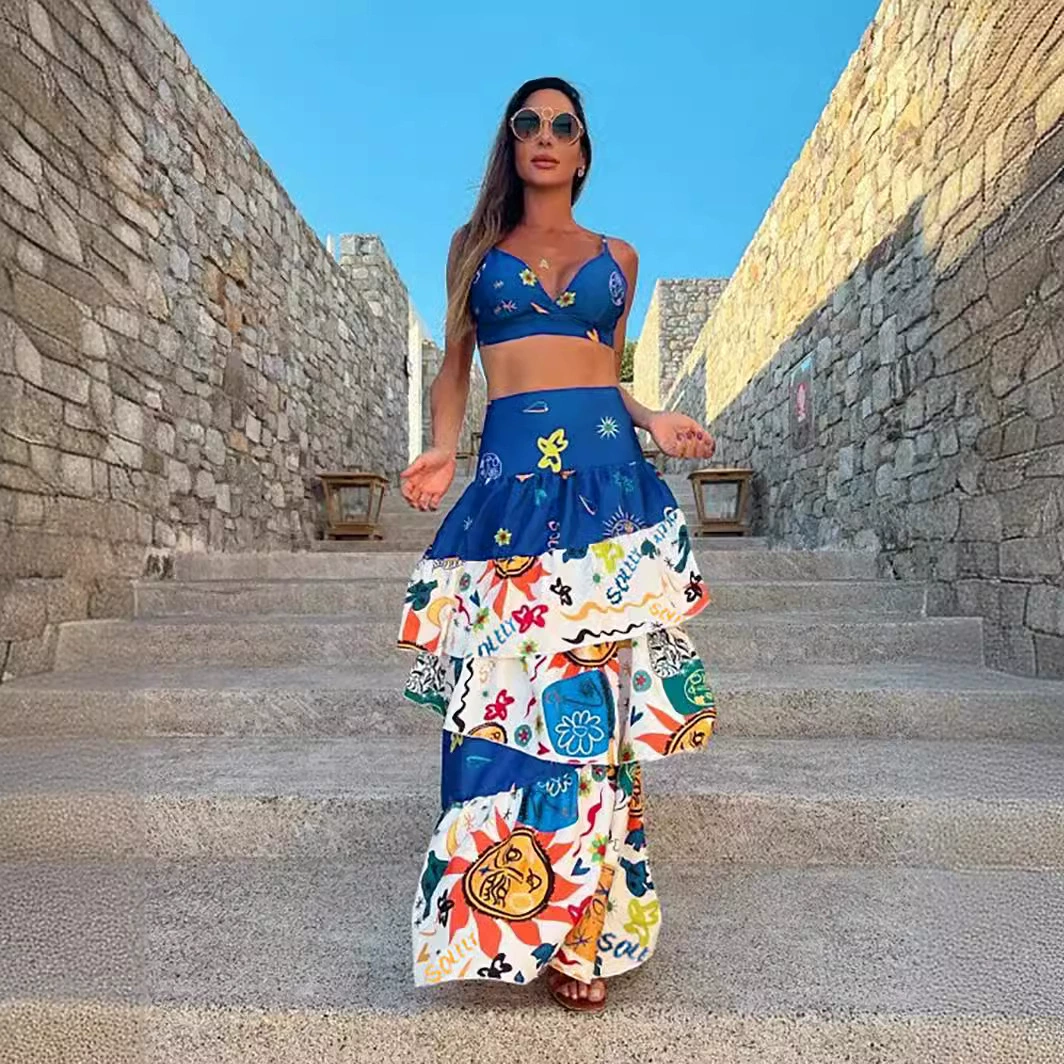 Two-Piece Deep V-Neck Crop Top and Tiered Maxi Skirt Set view 6
