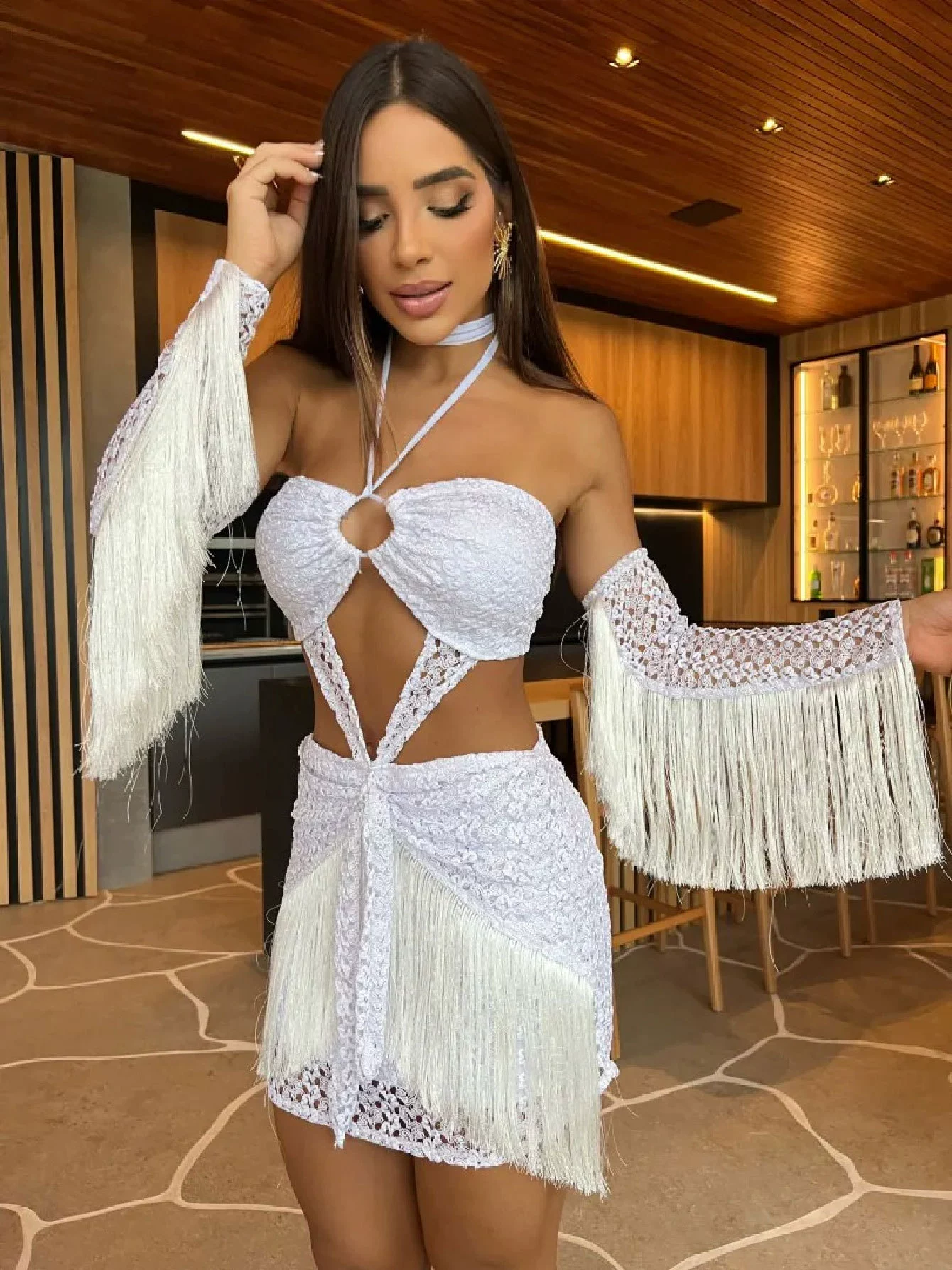 Two-Piece Halter Top and Fringe Mini Skirt Set