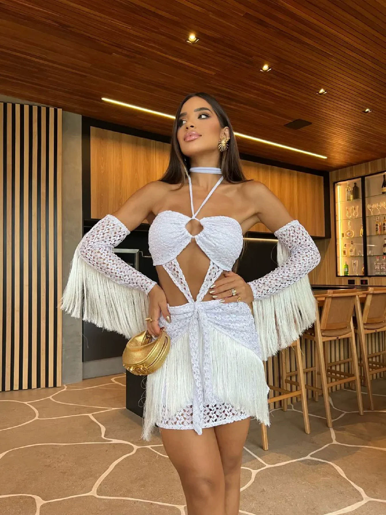 Two-Piece Halter Top and Fringe Mini Skirt Set view 4