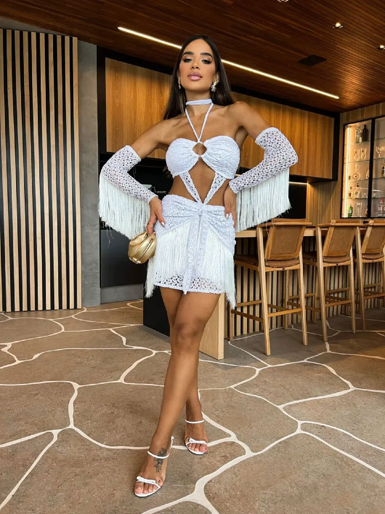 Two-Piece Halter Top and Fringe Mini Skirt Set view 5