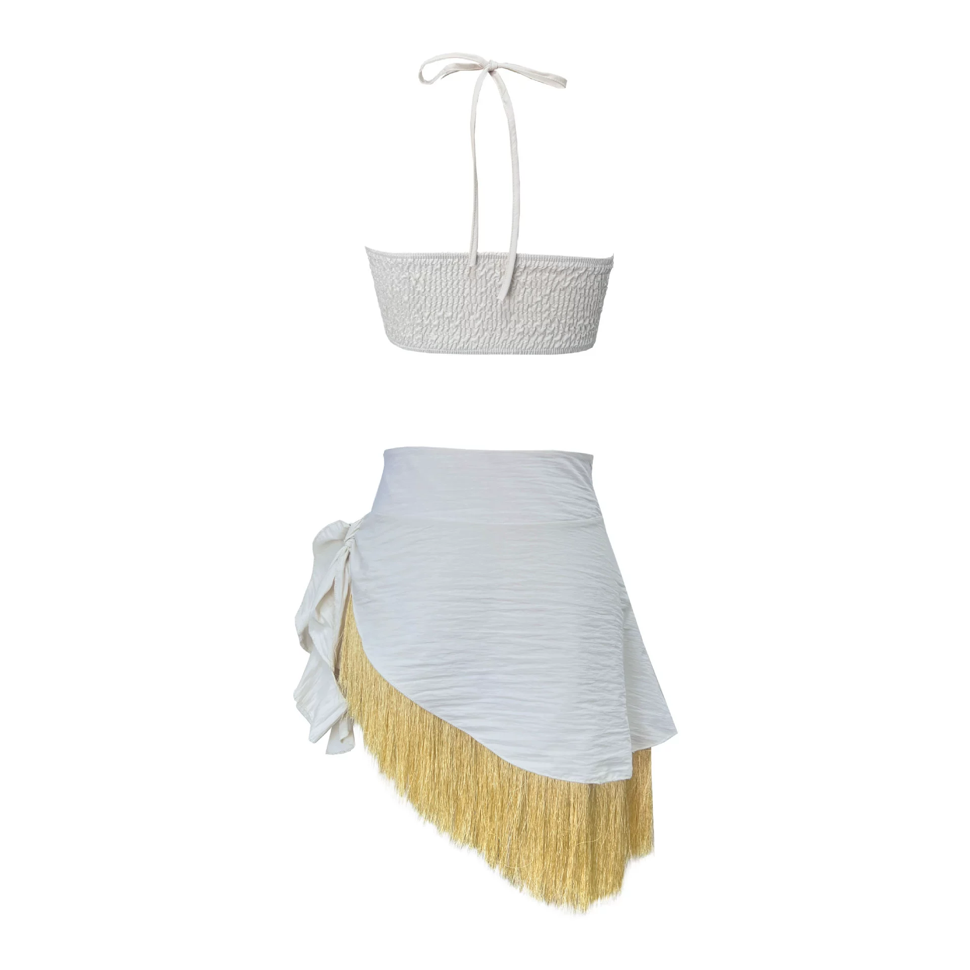 Halter Neck Crop Top and Fringed Wrap Skirt Set view 4