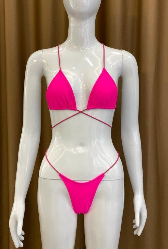 Premium Neon Pink Strappy Triangle Bikini Set