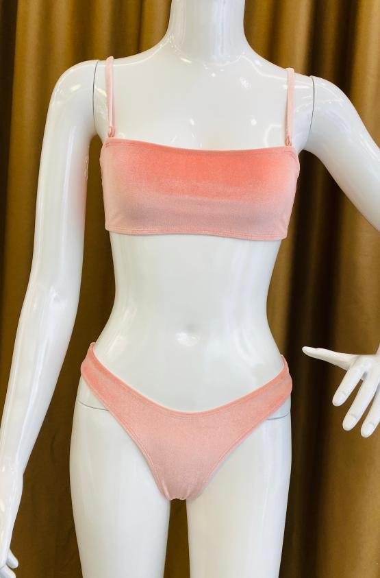 Premium Peach Velvet Two-Piece Bikini Set