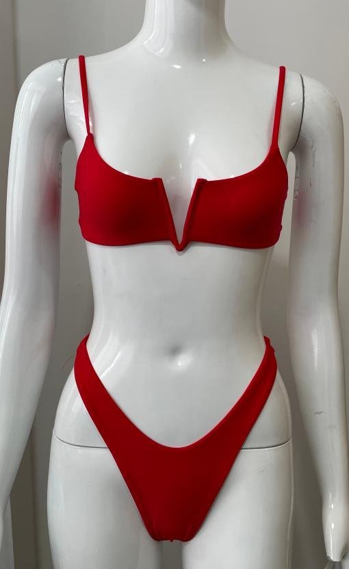 Crimson Plunge Bikini Set with Metal Hardware