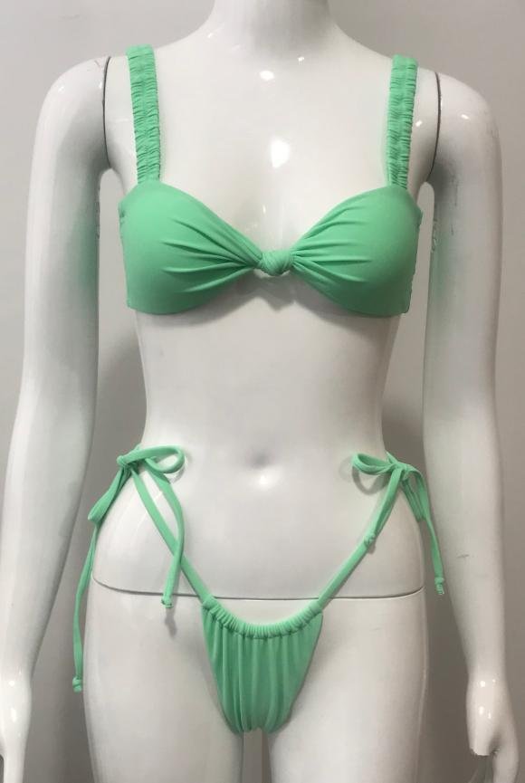 Mint Green Shirred Strap Bikini Set with Adjustable Ties