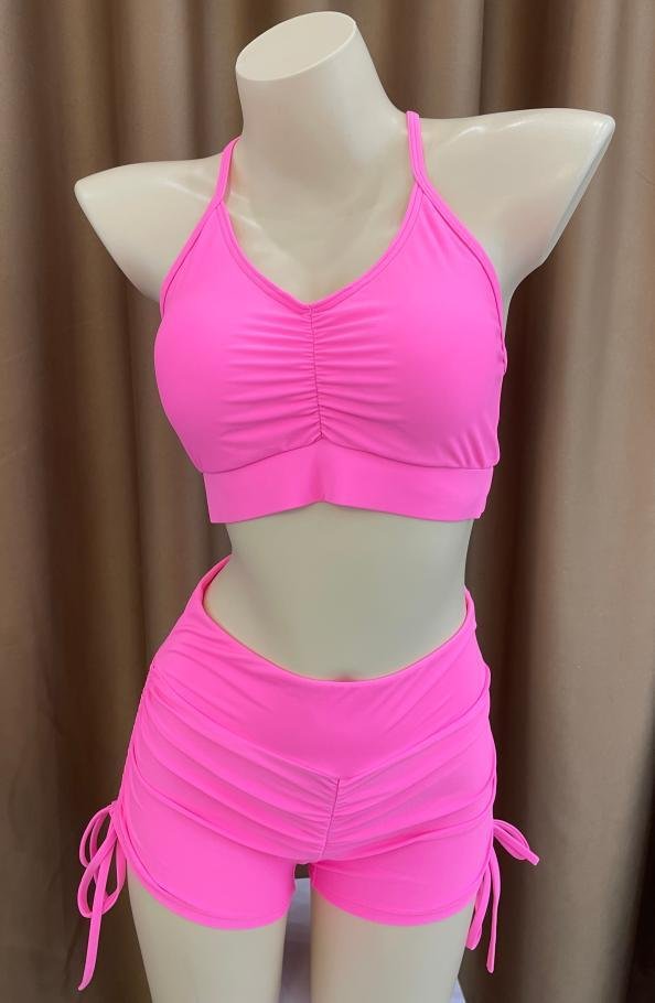 Premium Neon Pink Ruched Halter Swim Set