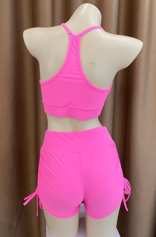 Premium Neon Pink Ruched Halter Swim Set