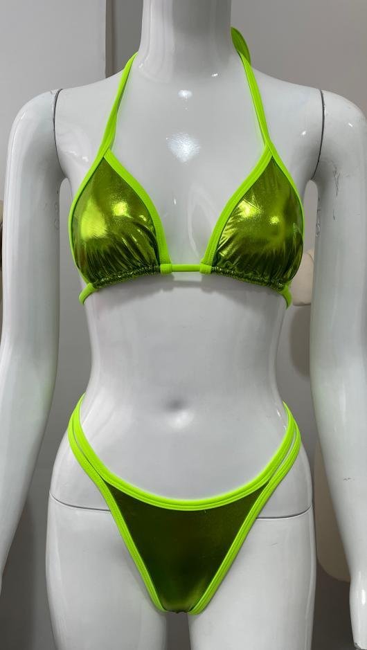 Metallic Lime Halter Bikini Set with Heart Ring Detail