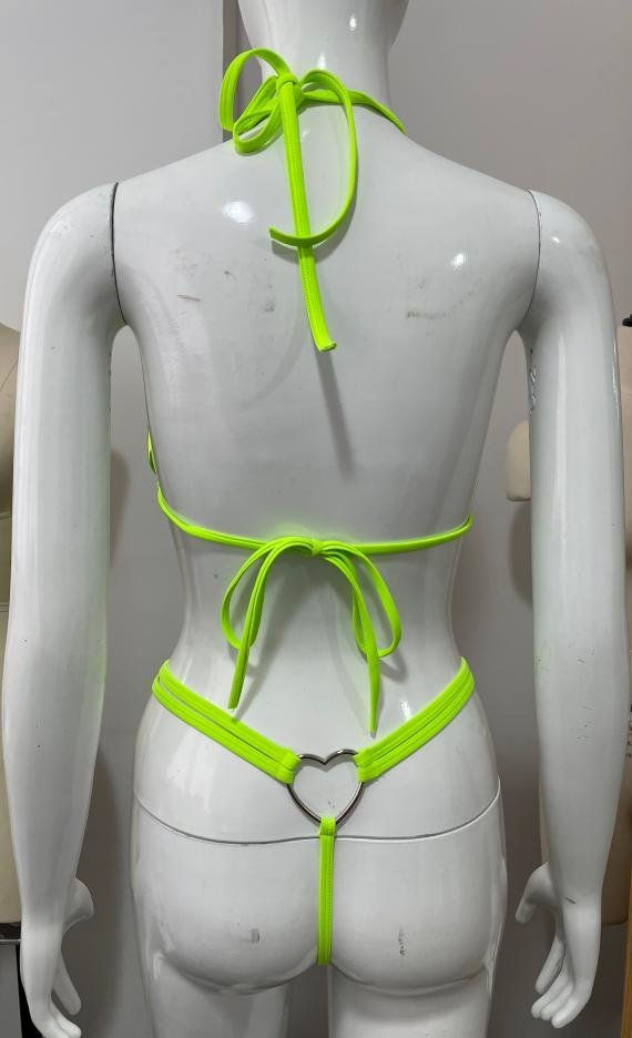 Metallic Lime Halter Bikini Set with Heart Ring Detail
