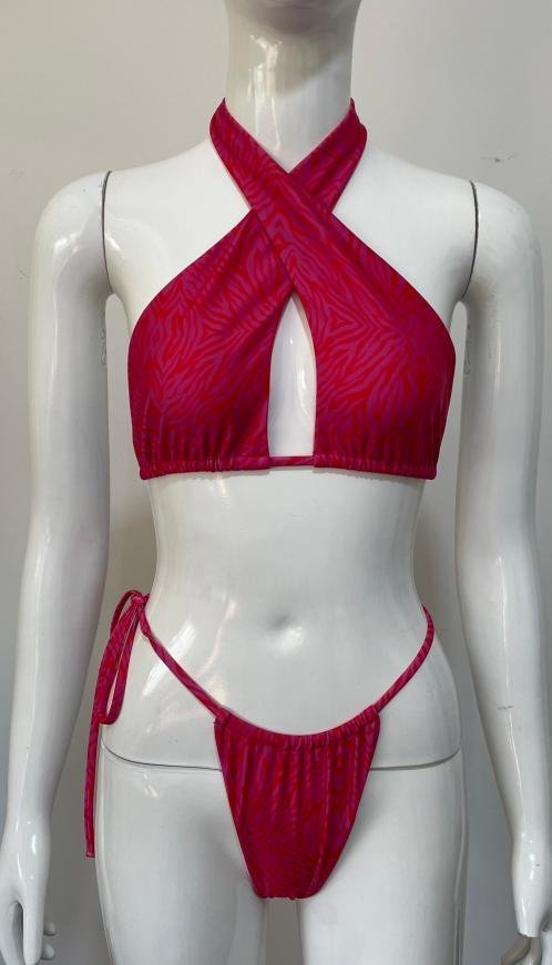 Premium Magenta Zebra Halter Bikini Set