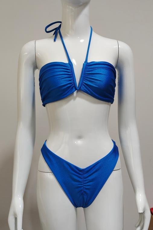Premium Cobalt Blue Ruched Halter Bikini Set