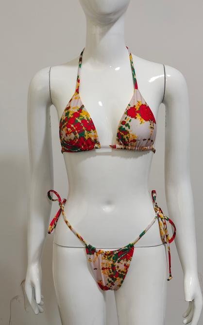 Floral Print Tie-Strap Triangle Bikini Set