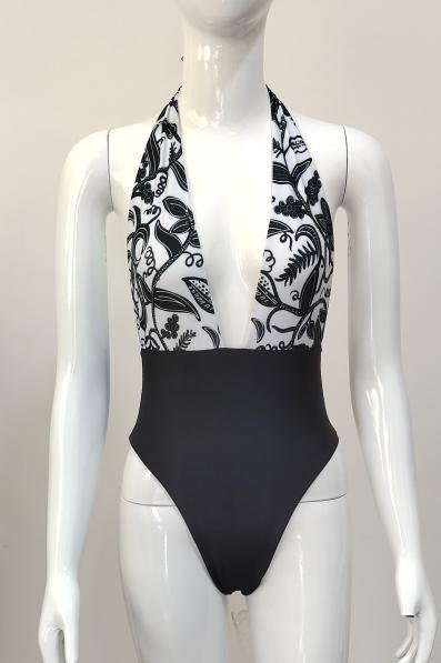 Premium Black & White Halter One-Piece Swimsuit