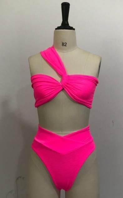 Neon Pink Asymmetric Twist Two-Piece Swimwear
